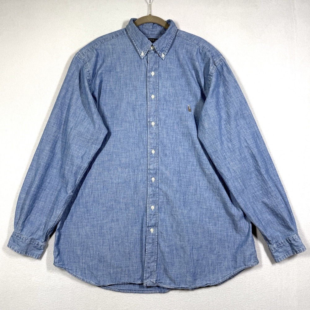 Polo Ralph Lauren Shirt Mens XLT Indigo Blue Chambray Button Down Pony Logo